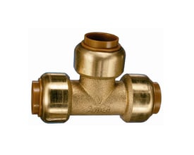 VSH Tectite tee-muffe i messing med muffe/muffe/muffe til 15 mm rør, med tydeligt synlige samlinger og markeringer.