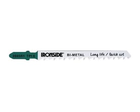Ironside T144DF-stiksavklinge i bi-metal vist vandret med grønt skaft og tænder langs den nederste kant.
