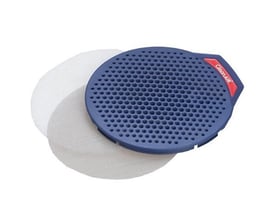 Gnistfang med forfilter og holder til AerGO systemet i blå plast med hvidt forfilter på hvid baggrund.