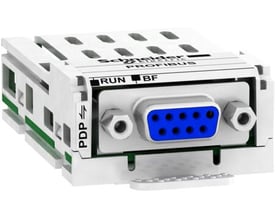 Schneider Electric Profibus DP V1 kommunikationskort til ATV32/LXM32 servodrev, vist med D-sub port og indikatorlamper.