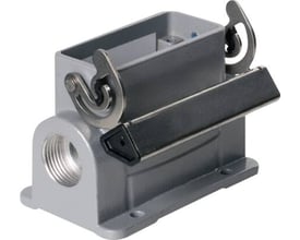 Weidmüller HDC industristik sokkelhus, størrelse 2, med 1xPG21 gevind og en metalbøjle på grå baggrund.