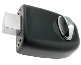 Assa Abloy indvendig lås 5222 V uden cylinder med sort låsekasse, sølvfarvet rigel og drejeknap.