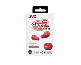 JVC Gumy Mini True Wireless Earphones i rød, vist i original emballage med produktinformation og ikoner for Bluetooth og batterilevetid.