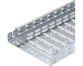 Detalje af OBO Bettermann RKS-MAGIC EZ kabelbakke, viser perforerede sider og samleprofil uden behov for ekstra beslag.