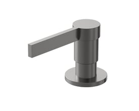 Lavabo Alkymist sæbedispenser i gunmetal med cylindrisk pumpe og langt, firkantet trykhåndtag, set skråt forfra.