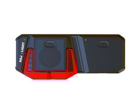 Haj Light trådløs dobbelt ladeplade med mobilholder i sort og rød med to opladningszoner og grønne indikatorlys.