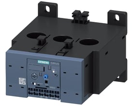 Siemens SIRIUS 3RB20 overbelastningsrelæ til motorbeskyttelse, 50-200A, med reset og test knapper, og fjederklemmer.