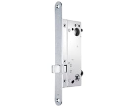 Ruko fallelås 212-50V fra Assa Abloy med lang, sølvfarvet frontplade og synlige låsemekanismer.