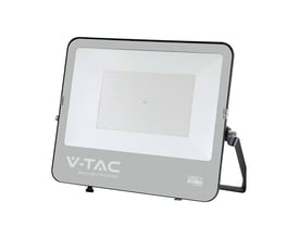 V-TAC 200W LED projektør i sort aluminium med CREE-chip og 6500K lys på hvid baggrund.