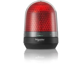 Schneider Electric XVR3 signallampe Ø100 mm LED i rød med en klar kuppel, 48 VDC. Enheden har en sort base med "Schneider Electric" logo og synlige indstillingsknapper.