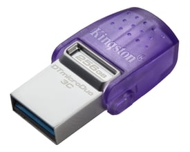 Kingston DataTraveler microDuo 3C USB-flashdrev med 256 GB lagerplads og lilla hus, vist skråt med USB-stikket synligt.