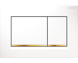 Geberit Sigma30 betjeningsplade i hvid med gulddetaljer til dobbeltskyl, vist på en ren hvid baggrund.