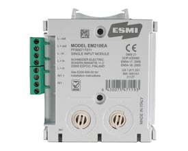 Schneider Electric EM210EA modul med 1 isoleret indgang, vist forfra med grønne terminaler og hvidt kabinet med tydelig mærkning.