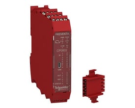 Schneider Electric Preventa CP0802 sikkerhedscontroller med 8 digitale indgange og 2x2 digitale udgange, vist med separat stik.