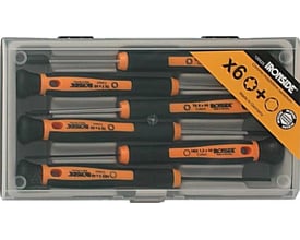 Ironside elektronikskruetrækkersæt med seks Torx- og sekskantskruetrækkere i sort og orange, vist i plastkasse.
