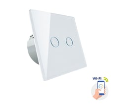SpectrumLED smart 2-zone WiFi-afbryder med hvid glasfront og to berøringsfelter, vist skråt forfra.