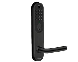 Sort Zafe T-Lock oval lås med fysiske knapper og vandret dørgreb, vist fritstående forfra.
