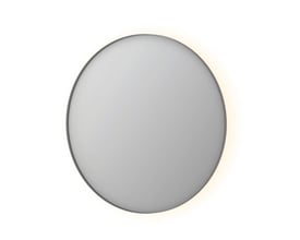 Sanibell SP17 rundt spejl med diameter 100 cm, fremviser en børstet rustfri stål aluramme og indirekte LED-belysning.