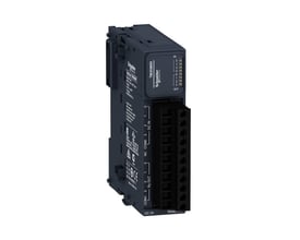 Schneider Electric TM3-modul DI4, 24V, DO4 relæ vist forfra med tydelig mærkning af indgange og udgange.