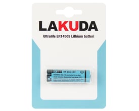 Ultralife ER14505 lithiumbatteri i AA-størrelse og 3,6 V ses i klar blisteremballage på et Lakuda-kort.
