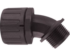 HellermannTyton forskruning i sort PA66 plast med PG16 gevind og 45 graders vinkeltilslutning, som muliggør nem kabelføring.