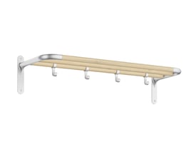 Beslagsbodens hattehylde i grå og bøgetræ med fire kroge, vist skråt forfra med træhylde og lyse beslag.