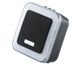 Foss dørklokke-enhed i sort med en skinnende sølvfarvet ramme og sort højttalermesh, med FOSS logo i midten.