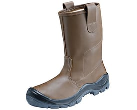 Atlas sikkerhedsstøvle Anatomic Bau 825 XP i brun okselæder med sort sål, str. 47, med synlig syning og pull-tabs.