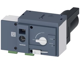 Siemens motordrev 3KC9 i grå og sort plast med betjeningsknapper til AUTO og MANUAL, samt indikatorer for POWER og MANUAL.