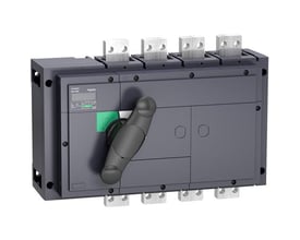 Schneider Electric Compact lastadskiller INS630B 4P i mørkegrå med sort håndtag og fire terminaler foroven og forneden.