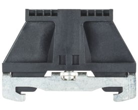 Frontvisning af Wieland endestop 9708/2S35 i sort, med tydelig metalfod og 8 mm dimension, monteret på en skinne.