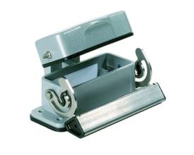 Detaljebillede af Weidmüller HDC 10A-ADLU chassishus, størrelse 2, med fokus på låsemekanisme og aluminiumskonstruktion i grå.