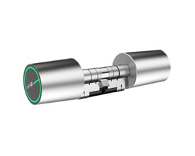 Zafe E-Cylinder PRO DIN DOUBLE elektronisk låsecylinder i sølv med grøn ring omkring den ene ende.