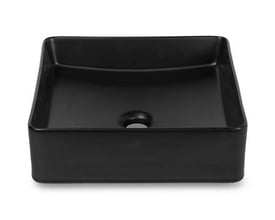 Stilren, firkantet håndvask i mat sort keramik, måler 37x37x13 cm, uden overløb.