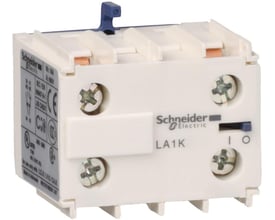 Schneider Electric hjælpeblok LA1KN11 i hvid, med 2 NO kontakter og clipsmontering, vist på hvid baggrund.
