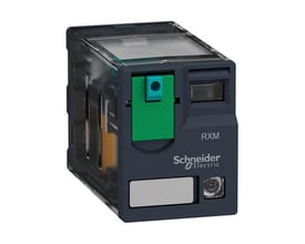 Schneider Electric Zelio RXM stikbensrelæ med 24V DC forsyning og 2 C/O kontakter, vist med grøn testknap.