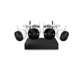 IMOU trådløst videosæt med 4 Full HD kameraer og sort 1TB NVR-optager præsenteret på hvid baggrund.