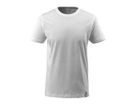 Bagfra af Mascot T-shirt i hvid, str. M, fremhæver slidstyrken og den moderne pasform, materialet er en blanding af økologisk bomuld og genanvendt polyester.