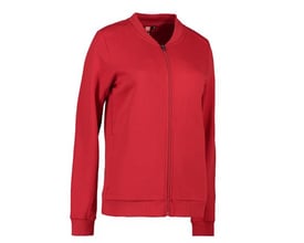 ID Identity Pro wear cardigan til damer i en klar rød farve, str. 4XL, vist med front lynlås og ribkant ved hals, ærmer og bund.