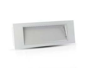 V-Tac 511 LED nødbelysning i hvid ABS og PC, vist udenpå en væg med spejling.