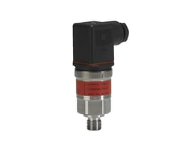 Danfoss MBS3250 tryktransmitter, viste specifikationer for forsyning og output på rød label, G1/2 og PG9.