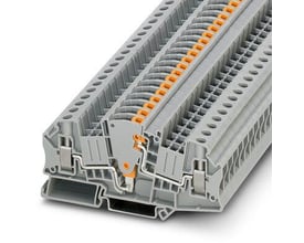 Phoenix Contact UTME 6 måletransformerskilleklemme med grå plast og orange detaljer viser skruetilslutning og montering.