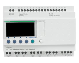 Schneider Electric Zelio SR3 B261BD intelligent relæ med 24 VDC forsyning, indgange og udgange samt baggrundsbelyst LCD-display og betjeningsknapper.