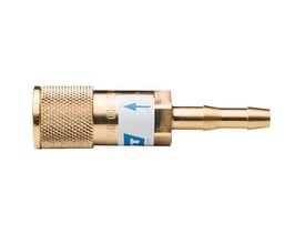 Gylden WITT lynkobling til oxygen med 5,0 mm slangestuds, hun-model, set fra siden med pilvisning.