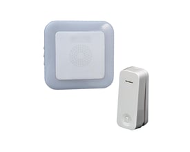 Trend Trådløs Dørklokke premium bluu1 i hvid, modtager og batteriløst dørtryk ses side om side på hvid baggrund.