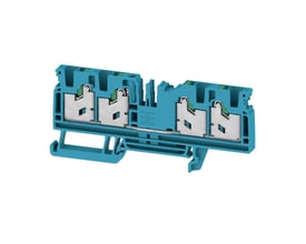 Detaljeret billede af Weidmüller S4C 4 BL SNAP IN gennemgangsklemme, der viser Snap-In monteringsmekanismen og interne metalforbindelser.