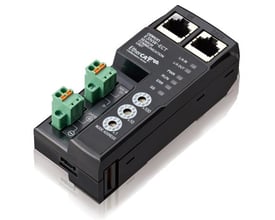 Omron E3NW-ECT EtherCat kommunikationsenhed til N-Smart sensorer, vist med grønne terminaler og RJ45-stik på hvid baggrund.