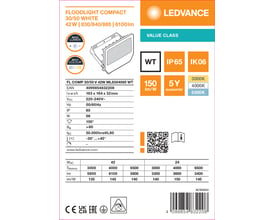 Produktetiket med tegning og specifikationer for Ledvance Floodlight Compact LED-projektør i hvid, 42 W.