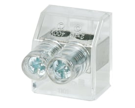 Transparent dobbelt kombi samlemuffe til 2 x 10 mm² kabler med synlige skruer til fastspænding, mærket med 400V.