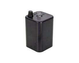 Sorte 6V tørbatteri 4R25 med fjeder og sort gummidutter for sikker montering i blinklygter.